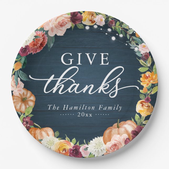 Give Thanks Rustic Floral Thanksgiving Dinner Paper Plate (Front)