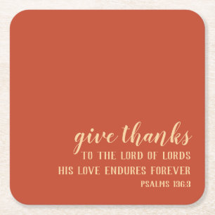 Give Thanks Scripture Simple Orange Thanksgiving Square Paper Coaster