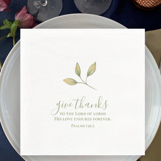 Give Thanks Simple Elegant Watercolor Thanksgiving Napkin (Original hand painted watercolor greenery custom napkin. Give thanks Bible scripture Thanksgiving.)