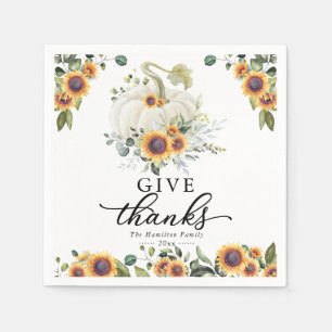 Give Thanks Sunflowers White Pumpkin Thanksgiving Napkin