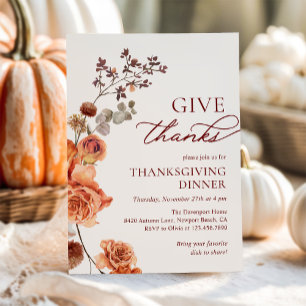 Give Thanks Terracotta Floral Thanksgiving Dinner Invitation