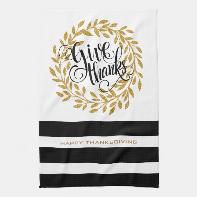 Give Thanks Text Modern Gold Wreath & Stripes Tea Towel (Vertical)