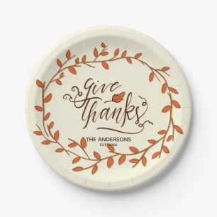 Give Thanks. Thanksgiving. Custom Name and Date. Paper Plate