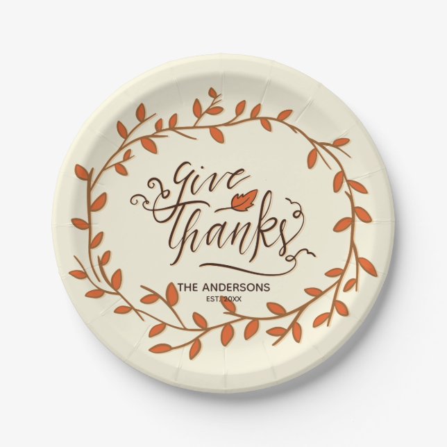 Give Thanks. Thanksgiving. Custom Name and Date. Paper Plate (Front)
