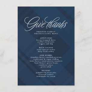 Give thanks Thanksgiving dinner navy plaid Menu