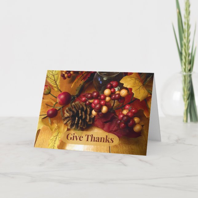 Give Thanks Thanksgiving Fall Berries and Pinecone Holiday Card (Front)