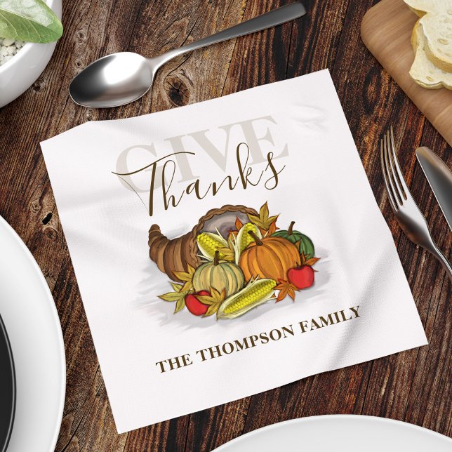 Give Thanks Thanksgiving Personalized  Napkin (Give Thanks Cornucopia Thanksgiving Holiday custom paper napkin. )