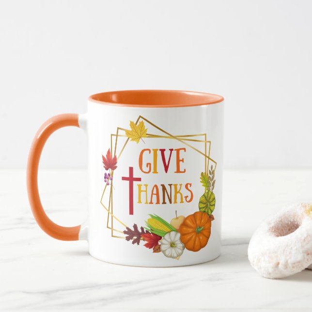 Give Thanks Thanksgiving Quote Fall Autumn Pumpkin Mug (With Donut)