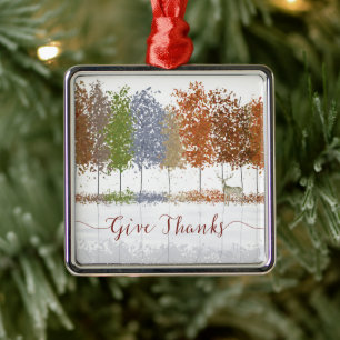 Give Thanks Thanksgiving Trees and Lone Deer Metal Ornament