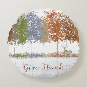 Give Thanks Thanksgiving Trees and Lone Deer Round Cushion