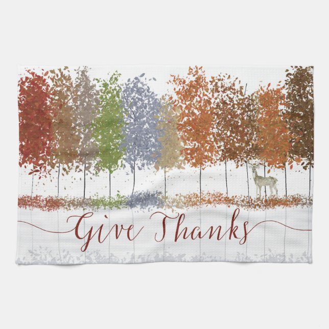 Give Thanks Thanksgiving Trees and Lone Deer Tea Towel (Horizontal)