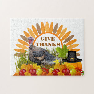 Give  Thanks Thanksgiving Turkey, Pumpkins Holiday Jigsaw Puzzle