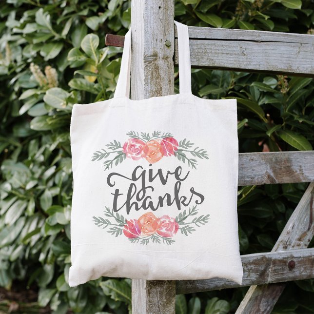 Give Thanks | Thanksgiving Watercolor Floral Tote Bag (Creator Uploaded)