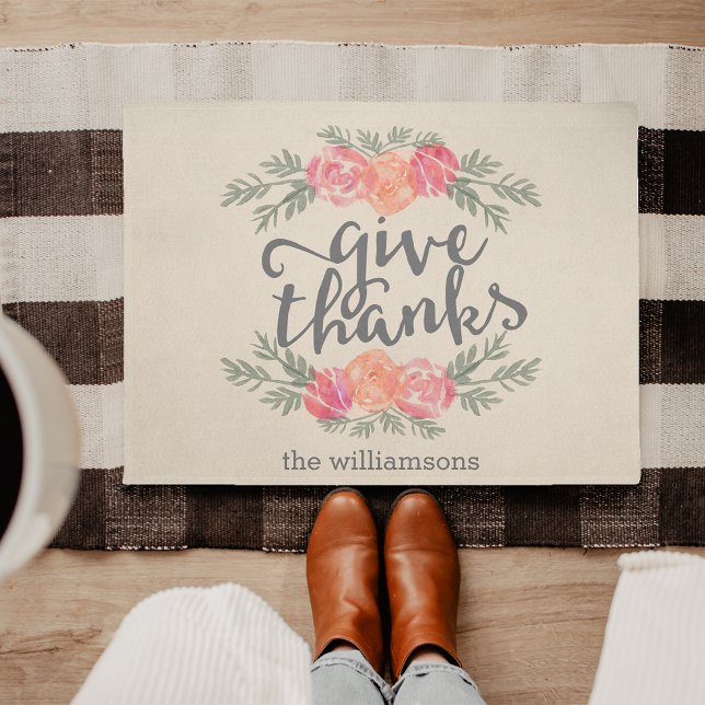 Give Thanks | Thanksgiving Watercolor Personalized Doormat (Creator Uploaded)