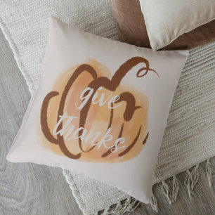 Give Thanks Thanksgiving Watercolor Pumpkin Cushion