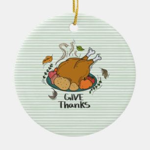 "Give Thanks" Turkey and Harvest Fruits Ceramic Ornament