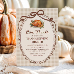Give Thanks Turkey Gingham Thanksgiving Dinner Invitation