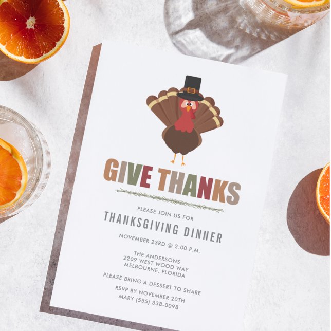 Give Thanks Turkey Thanksgiving Dinner Invitation (Creator Uploaded)