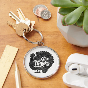 Give Thanks Turkey Thanksgiving Vintage Key Ring