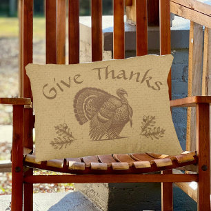 Give Thanks Vintage Distressed Faded Gold Turkey Decorative Cushion