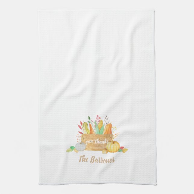 Give Thanks Watercolor Harvest Thanksgiving Tea Towel (Vertical)