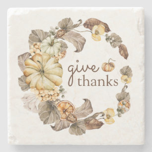 Give Thanks Watercolor Pumpkins Wreath Fall Stone Stone Coaster