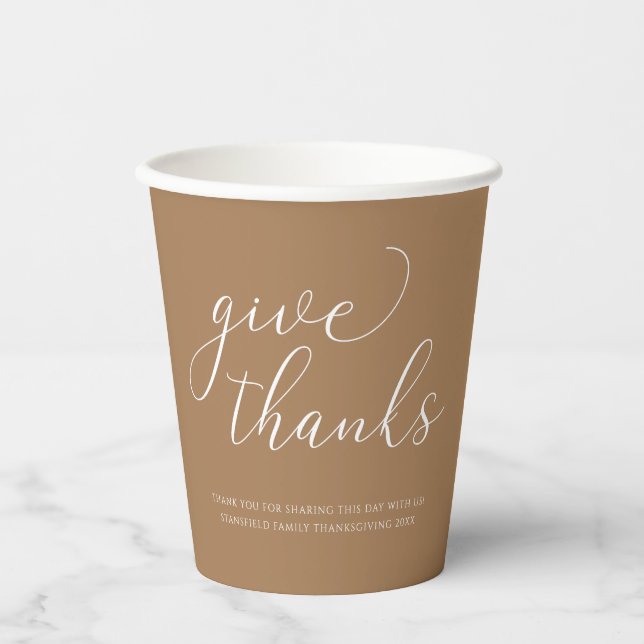 Give Thanks White Calligraphy Thanksgiving Meal Paper Cups (Front)