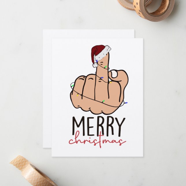 Giving the Finger Santa Hat Christmas Card (Front/Back In Situ)