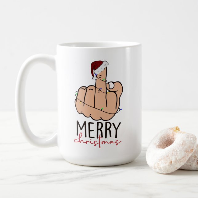 Giving the Finger Santa Hat Christmas Coffee Mug (With Donut)