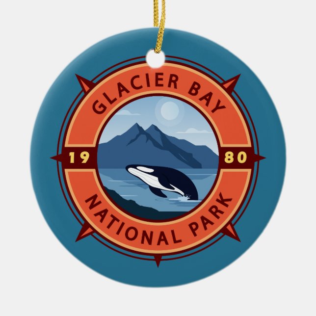 Glacier Bay National Park Orca Retro Compass Ceramic Ornament (Front)