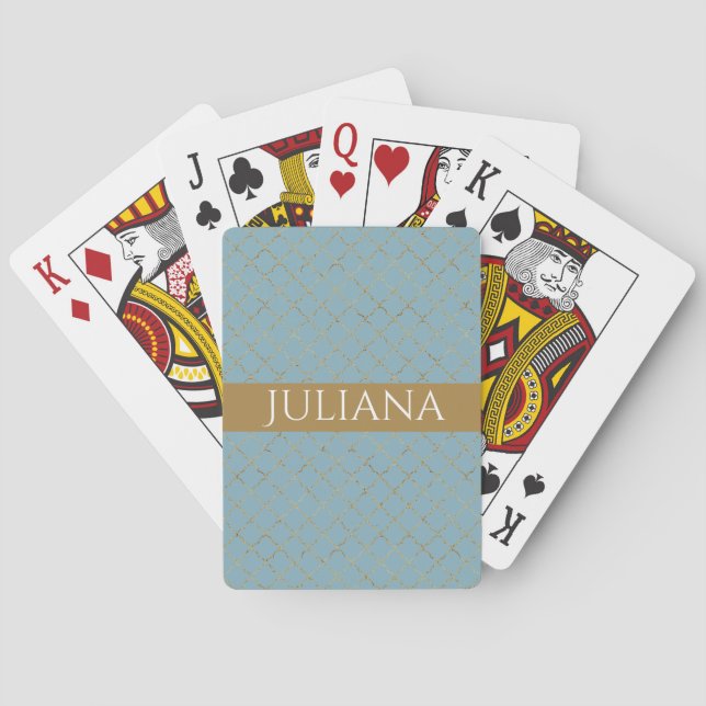 Glacier Blue Gold Quatrefoil Personalised  Playing Cards (Back)