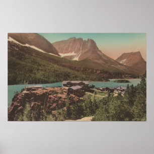 Glacier, MT - View of Chalets & Lake St. Marys Poster