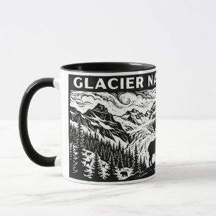 Glacier National Park Black White Woodcut Linocut Mug