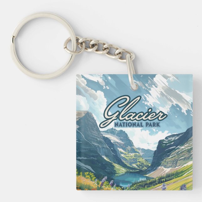 Glacier National Park Montana Lake Retro Key Ring (Front)