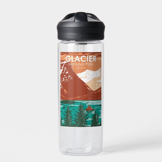 Glacier National Park Montana Vintage Water Bottle (Front)