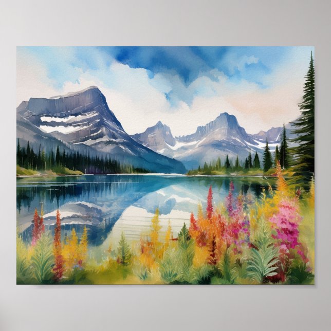 Glacier National Park Montana Watercolor Poster (Front)