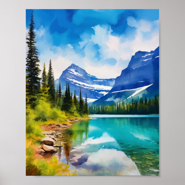 Glacier National Park Montana Watercolor Poster (Front)