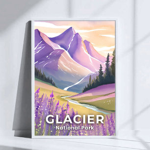 Glacier National Park Spring Lavender Watercolor Poster