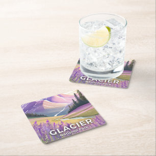 Glacier National Park Spring Lavender Watercolor Square Paper Coaster