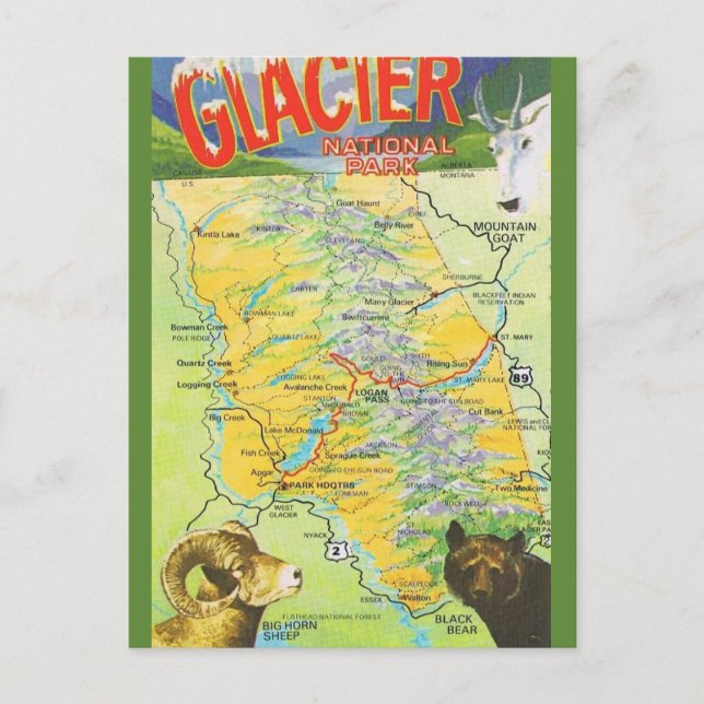 Glacier National Park Vintage Map Postcard (Front)