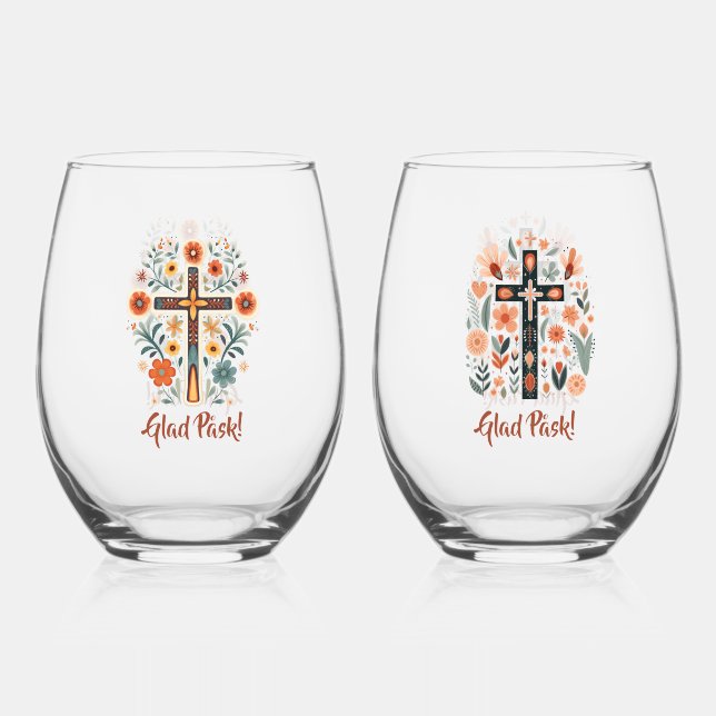 Glad Påsk! Scandinavian Crosses Stemless Wine Glass (Back)