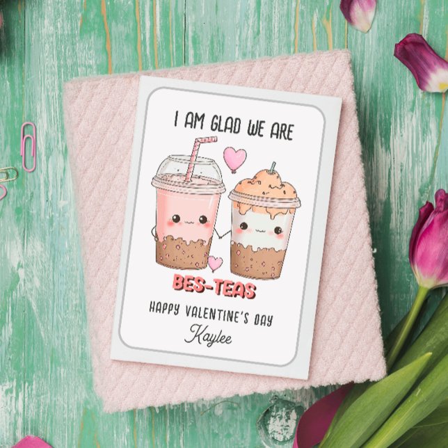 Glad We Are Bes-teas KID Valentines Day Classroom Note Card (BEST FRIENDS VALENTINE CARD BESTIES BES TEAS VALENTINE PUNS)