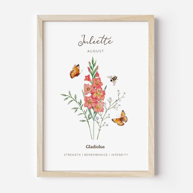 Gladiolus Birth Month Flower Poster (Example of gladiolus birth flower poster once framed. )