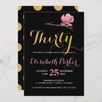 Glam 30th birthday gold black polka dot floral
