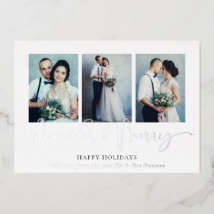 Glam 3 Photos Married Merry Christmas Luxury Real  Foil Holiday Card