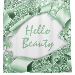 Glam 3D Frame Mint GREEN GLITTER  HELLO Girly Shower Curtain