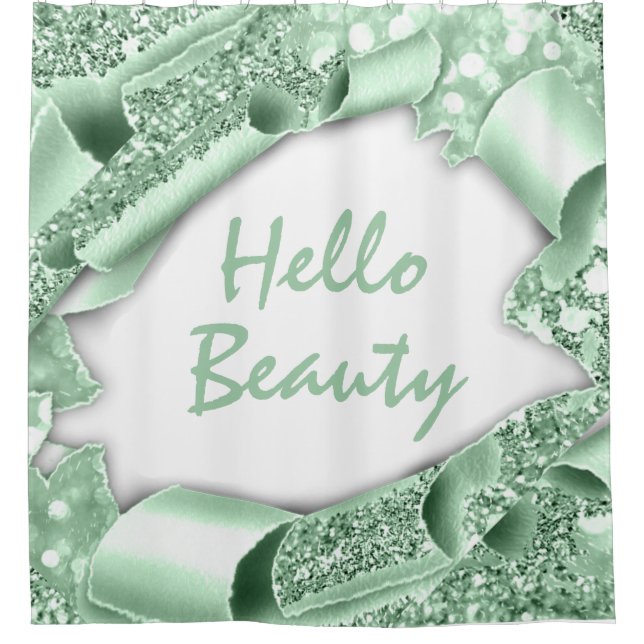 Glam 3D Frame Mint GREEN GLITTER  HELLO Girly Shower Curtain (Front)
