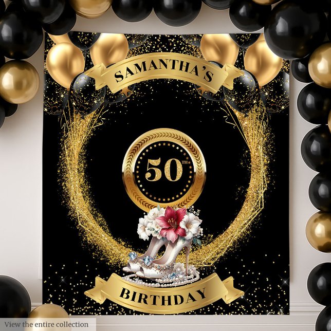 Glam 50th Birthday Backdrop Black Gold Pink Heels Tapestry (Glam 50th Birthday Backdrop Black Gold Pink Heels)