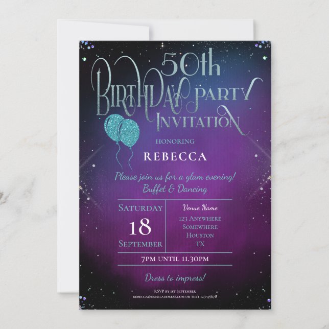 Glam 50th Birthday Decorative Script Purple Party Invitation (Front)