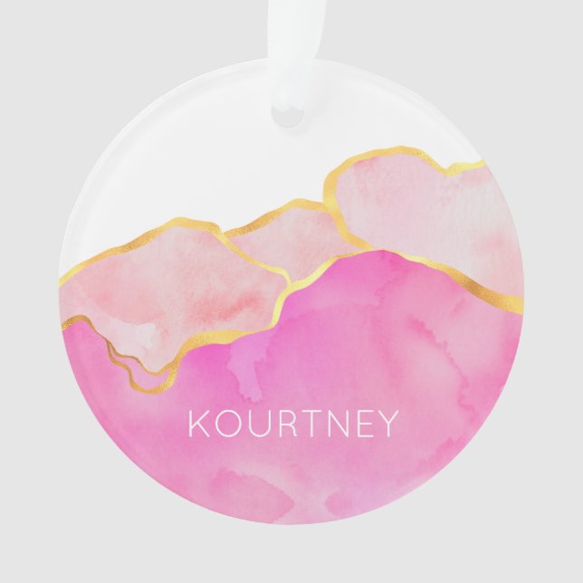 Glam Abstract Pink Gold White NAME Modern Fun Ornament (Front)